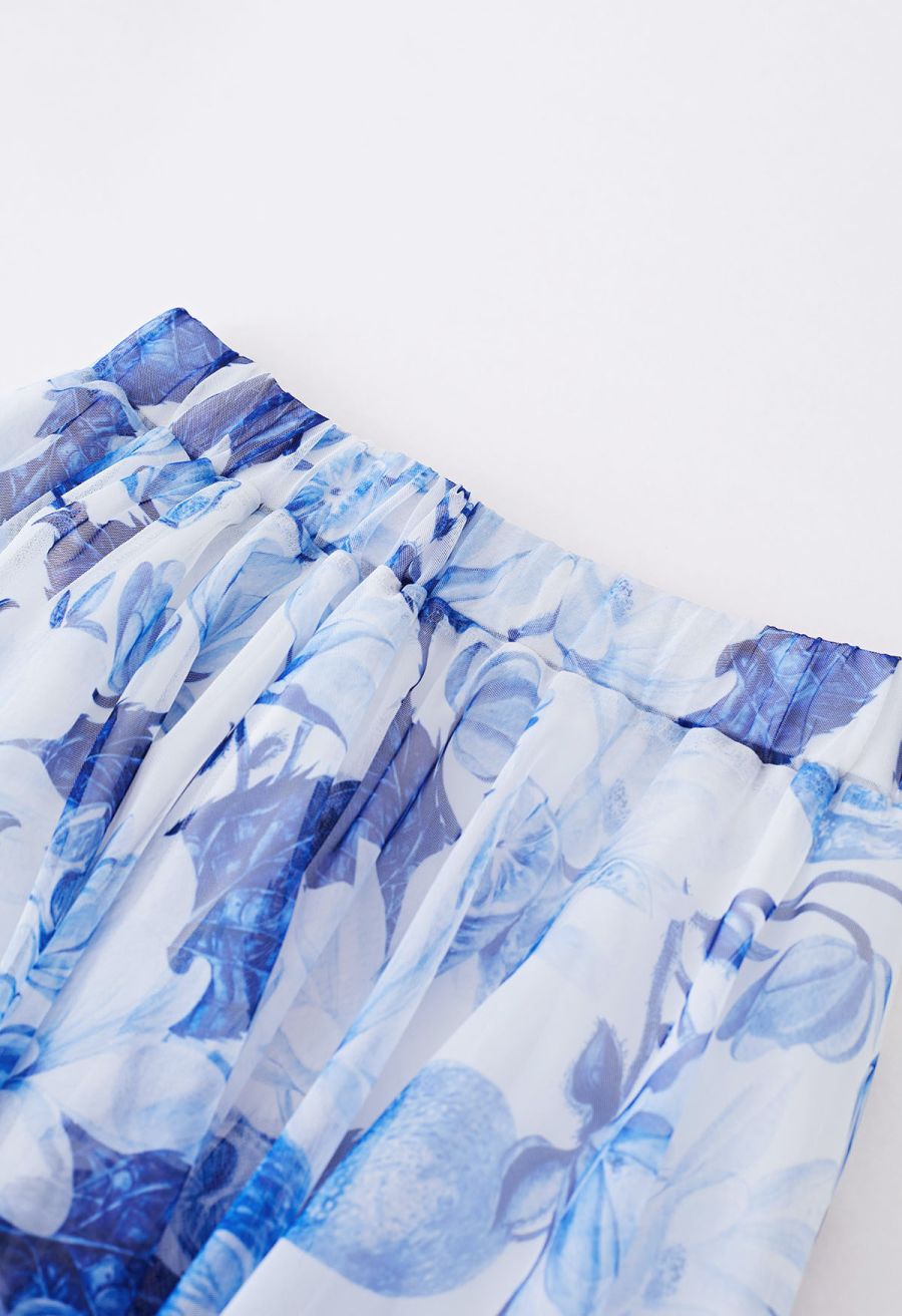 Indigo Lemon Printed Mesh Tulle Midi Skirt