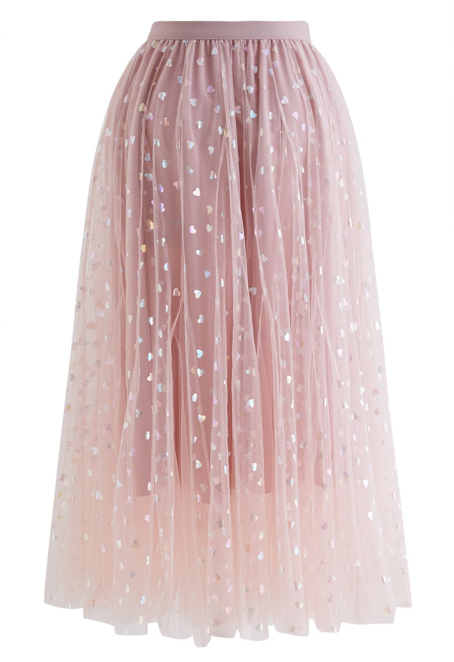 Iridescent Hearts Mesh Tulle Midi Skirt in Pink