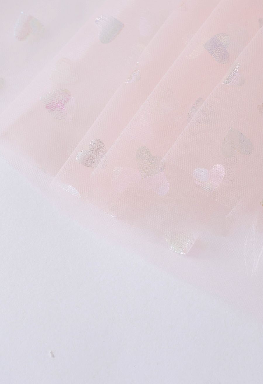 Iridescent Hearts Mesh Tulle Midi Skirt in Pink