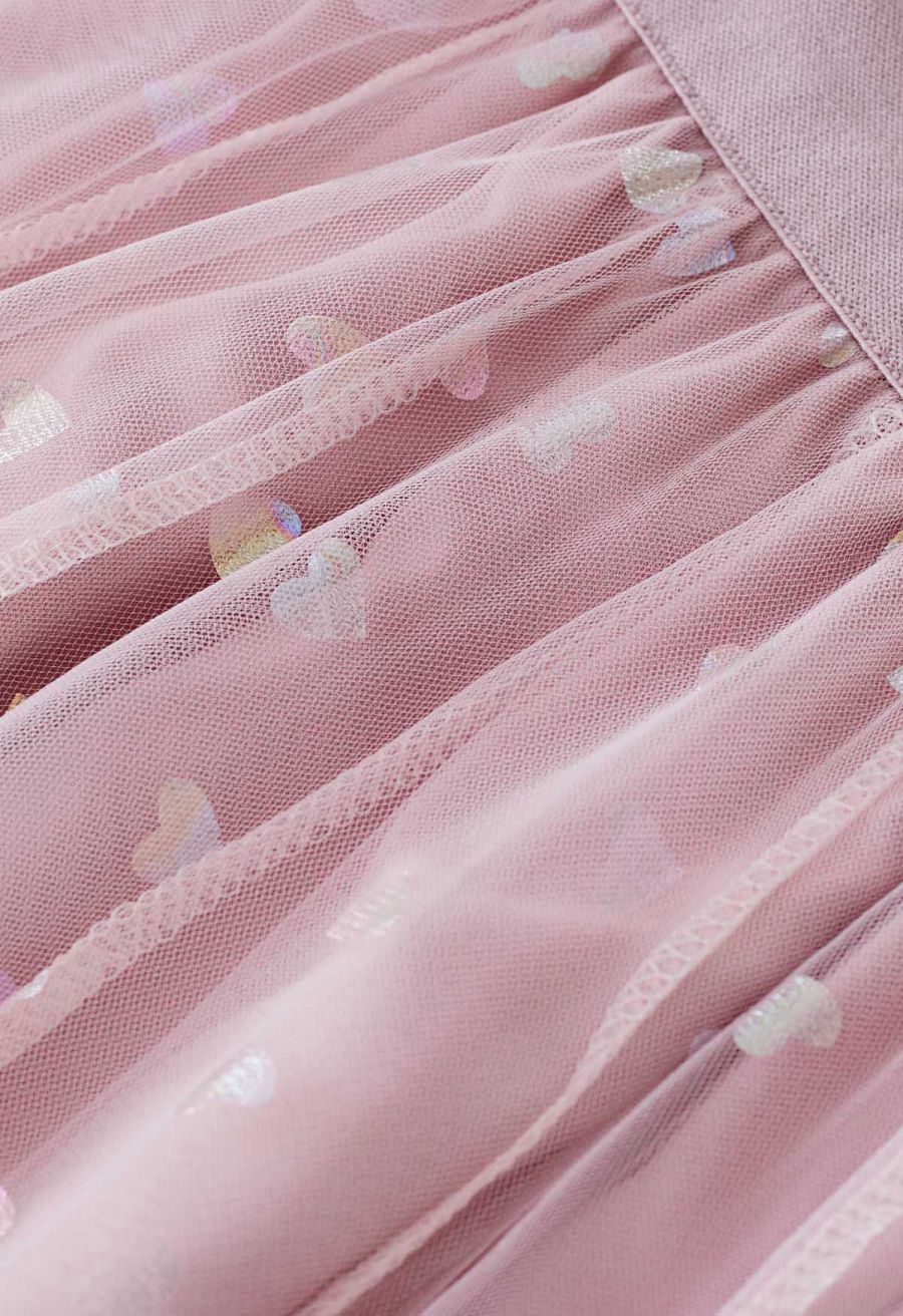 Iridescent Hearts Mesh Tulle Midi Skirt in Pink