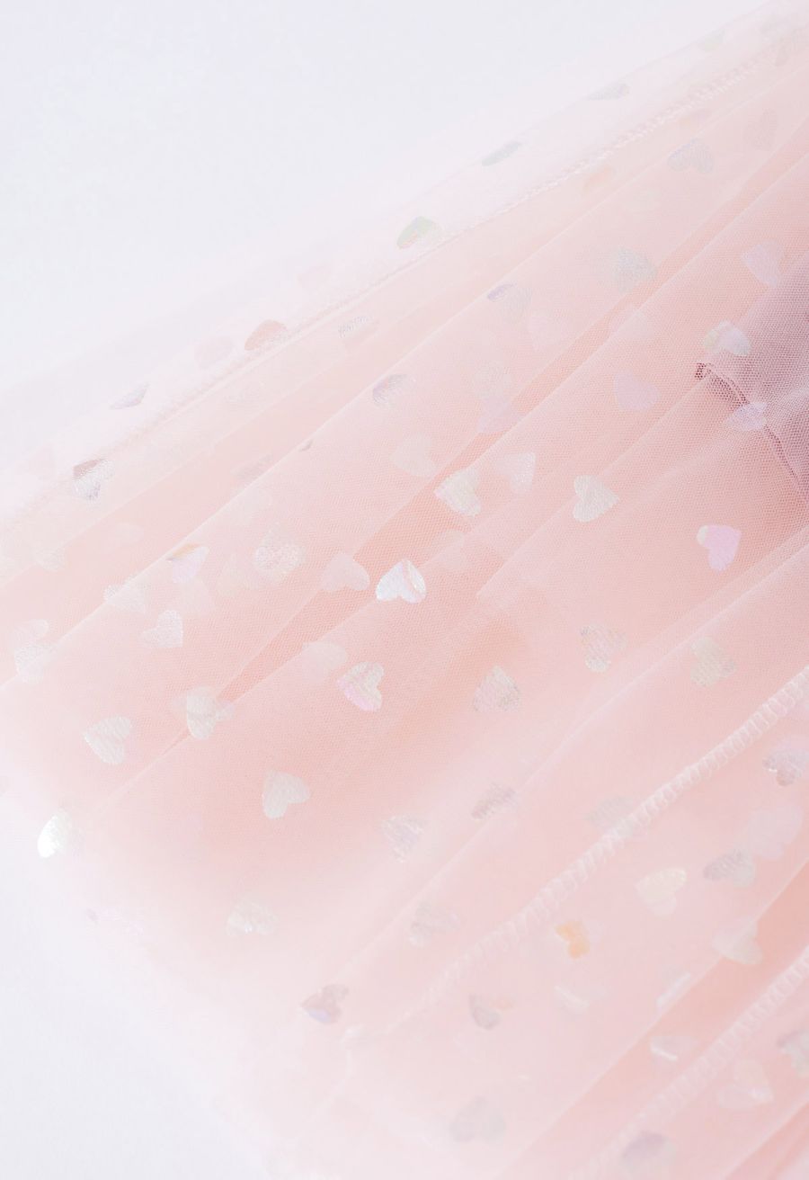 Iridescent Hearts Mesh Tulle Midi Skirt in Pink