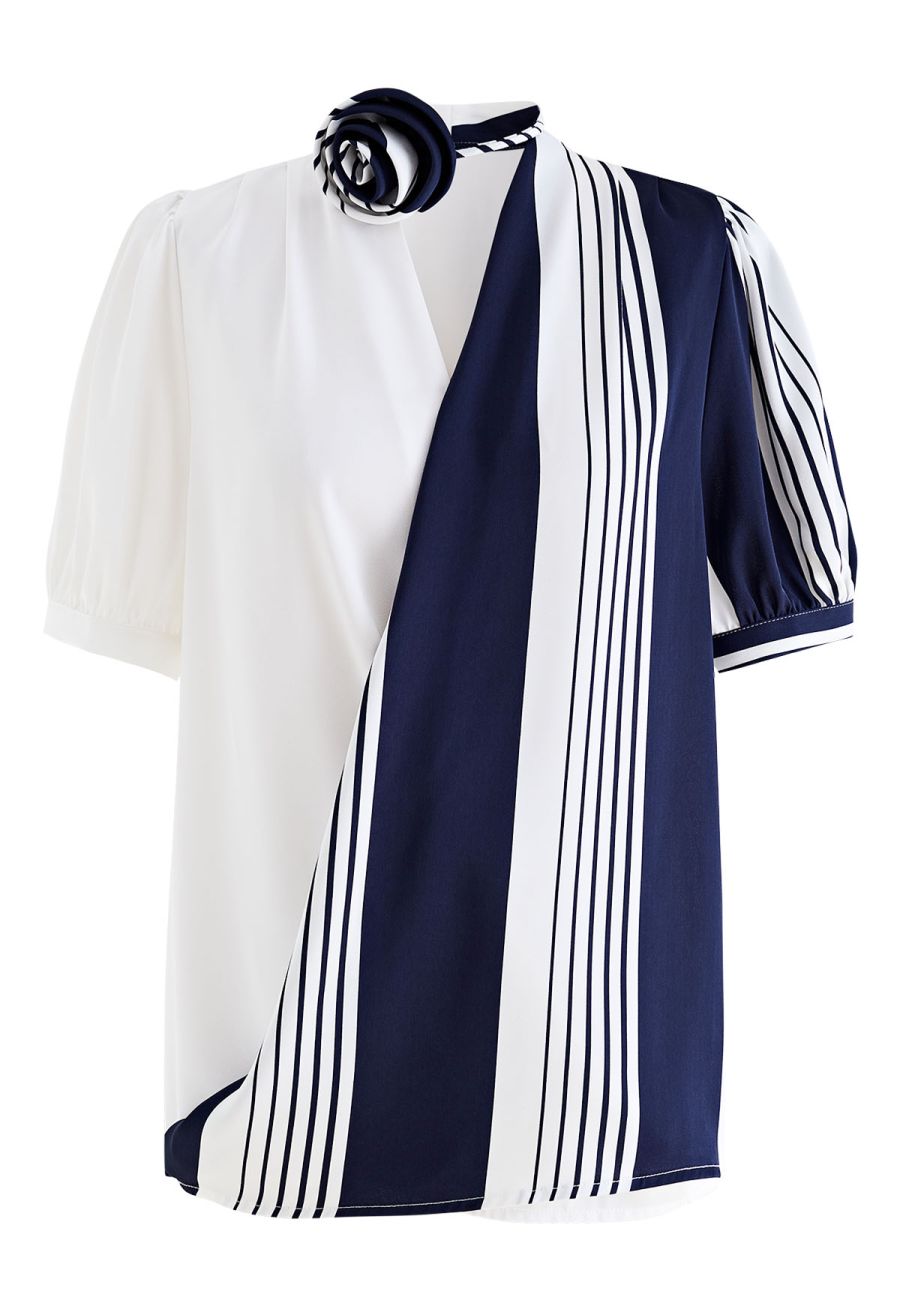 Contrast Stripe Flower Choker Wrap Top in Navy