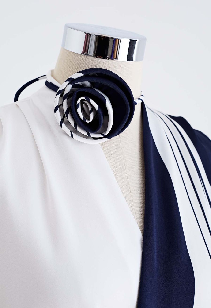 Contrast Stripe Flower Choker Wrap Top in Navy