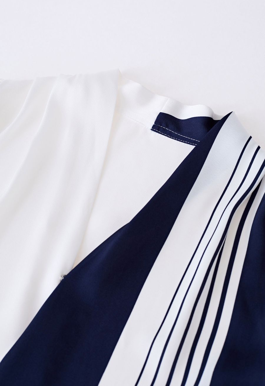 Contrast Stripe Flower Choker Wrap Top in Navy