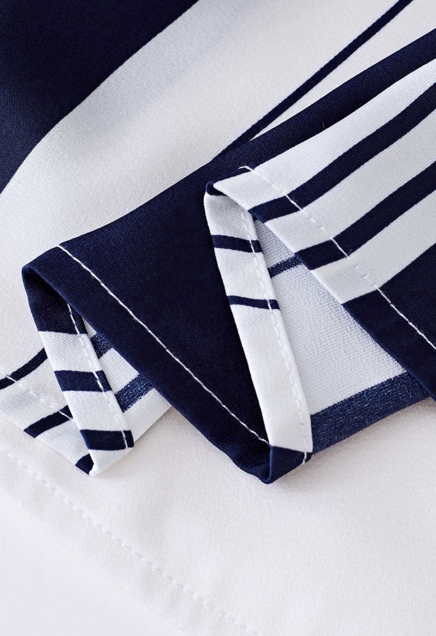 Contrast Stripe Flower Choker Wrap Top in Navy