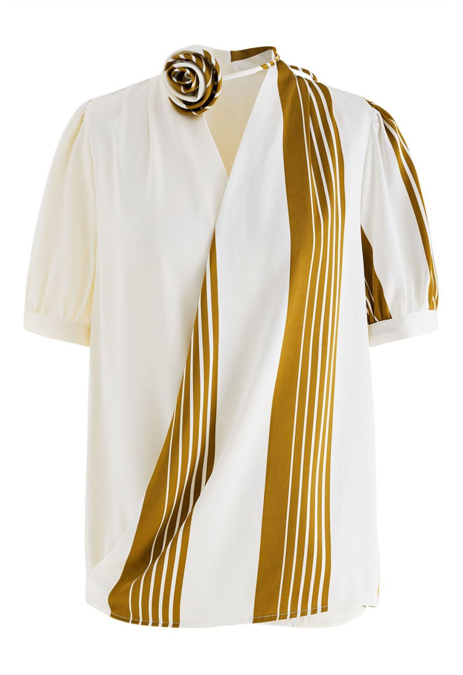 Contrast Stripe Flower Choker Wrap Top in Mustard
