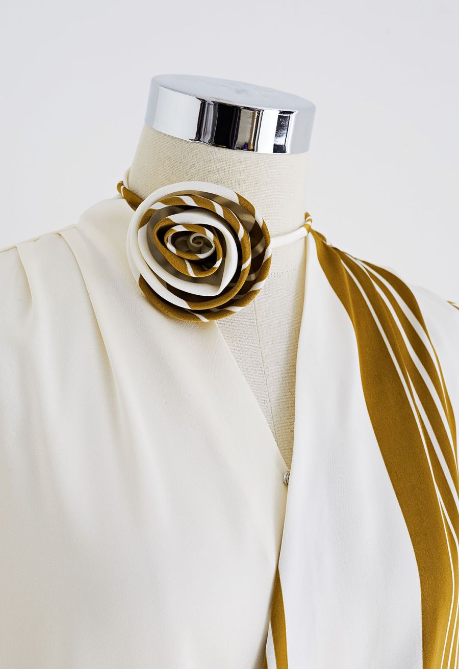 Contrast Stripe Flower Choker Wrap Top in Mustard