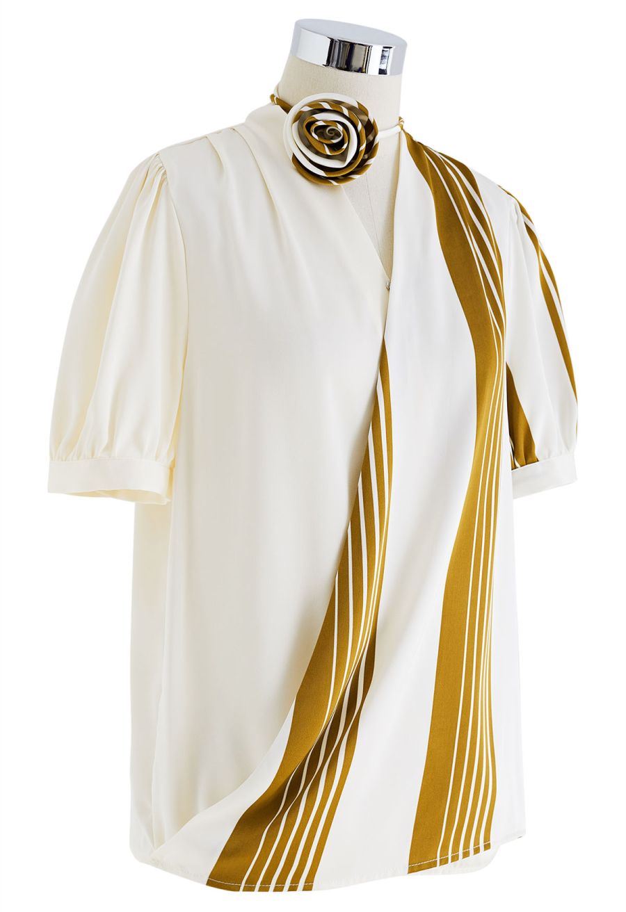 Contrast Stripe Flower Choker Wrap Top in Mustard