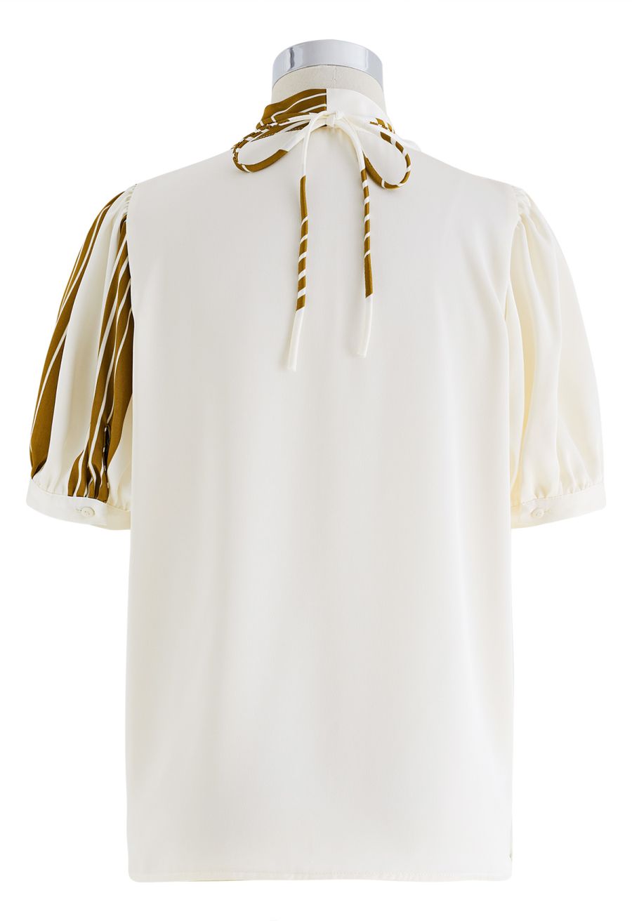 Contrast Stripe Flower Choker Wrap Top in Mustard