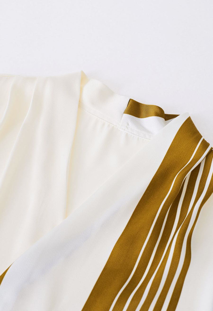 Contrast Stripe Flower Choker Wrap Top in Mustard