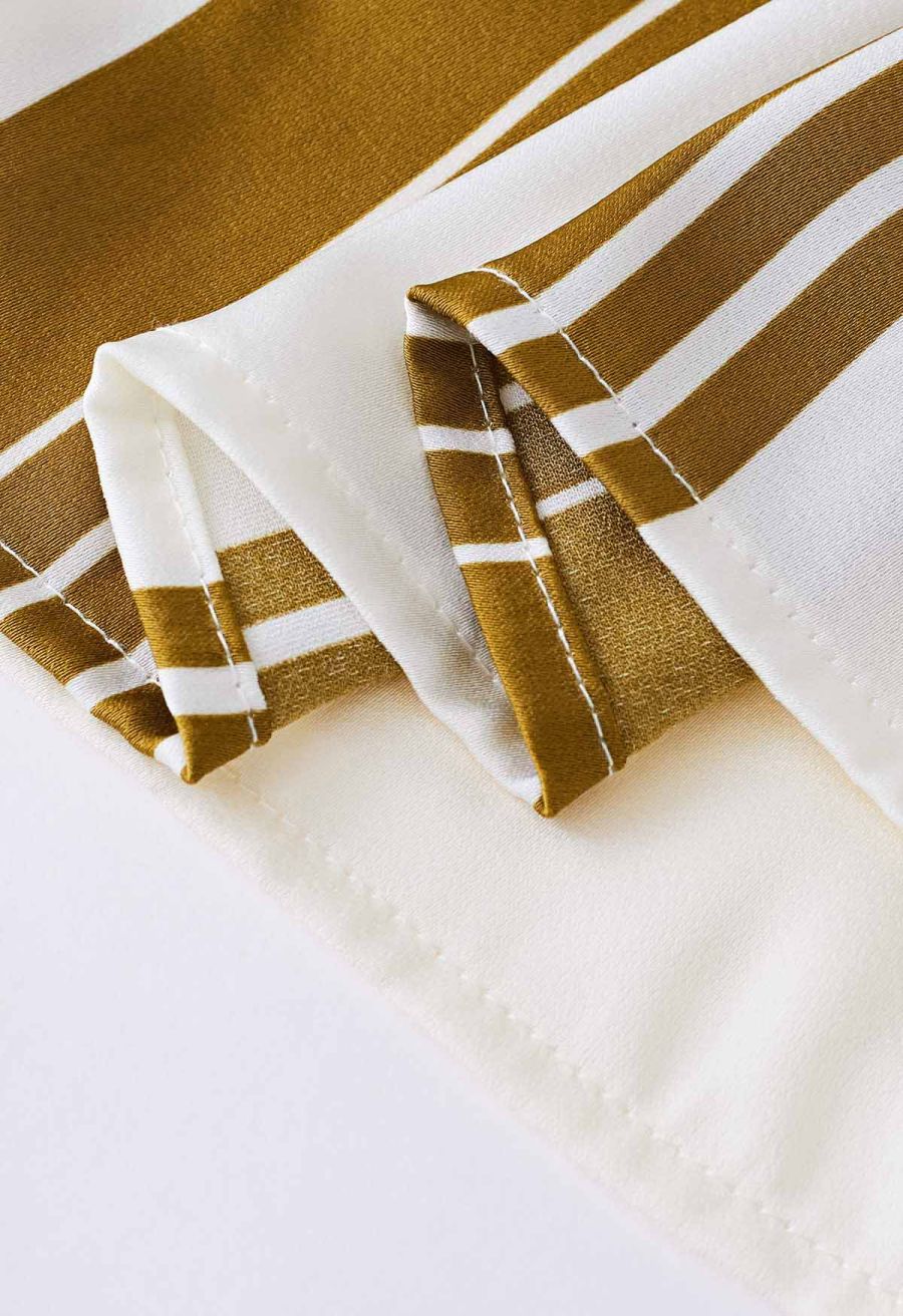 Contrast Stripe Flower Choker Wrap Top in Mustard