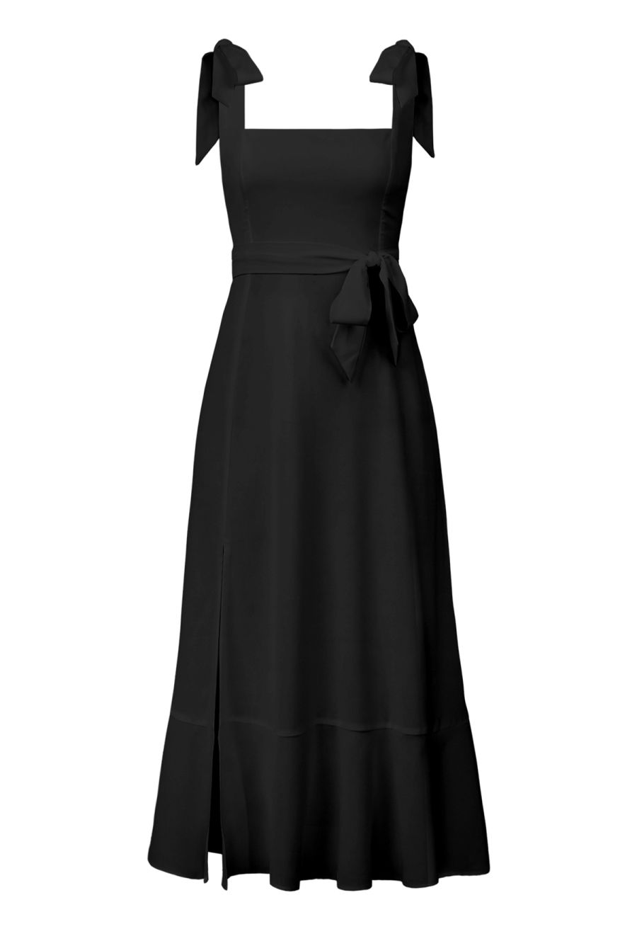 Ruffle Hem Tie-Shoulder Cami Dress in Black