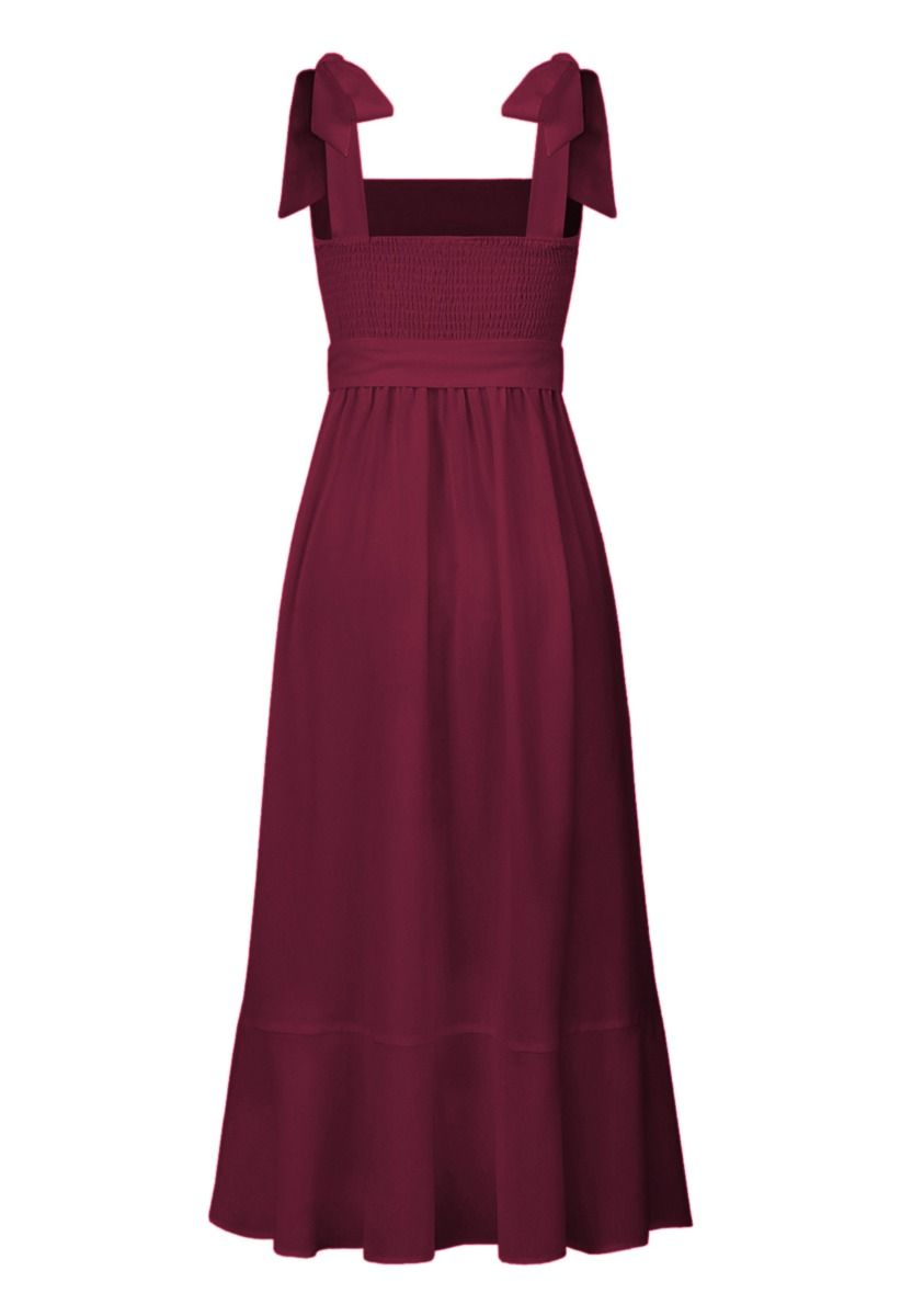 Ruffle Hem Tie-Shoulder Cami Dress in Burgundy