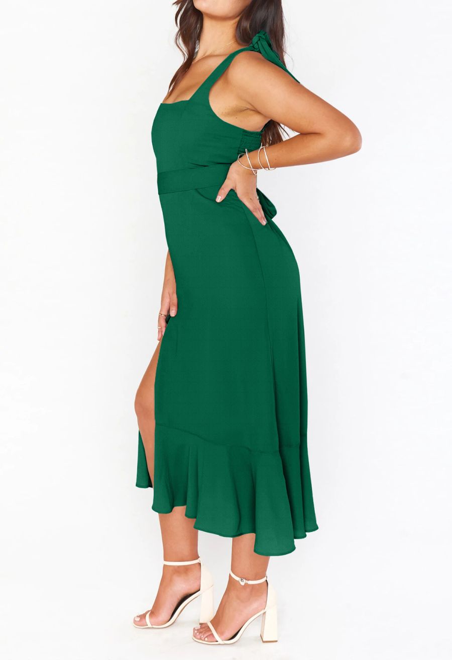 Ruffle Hem Tie-Shoulder Cami Dress in Green