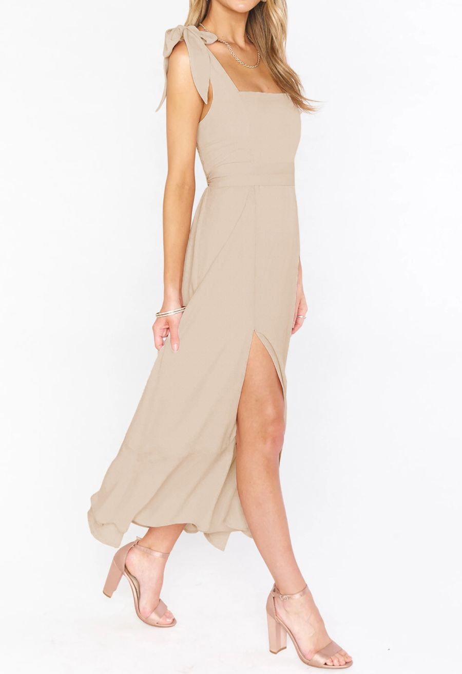 Ruffle Hem Tie-Shoulder Cami Dress in Light Tan