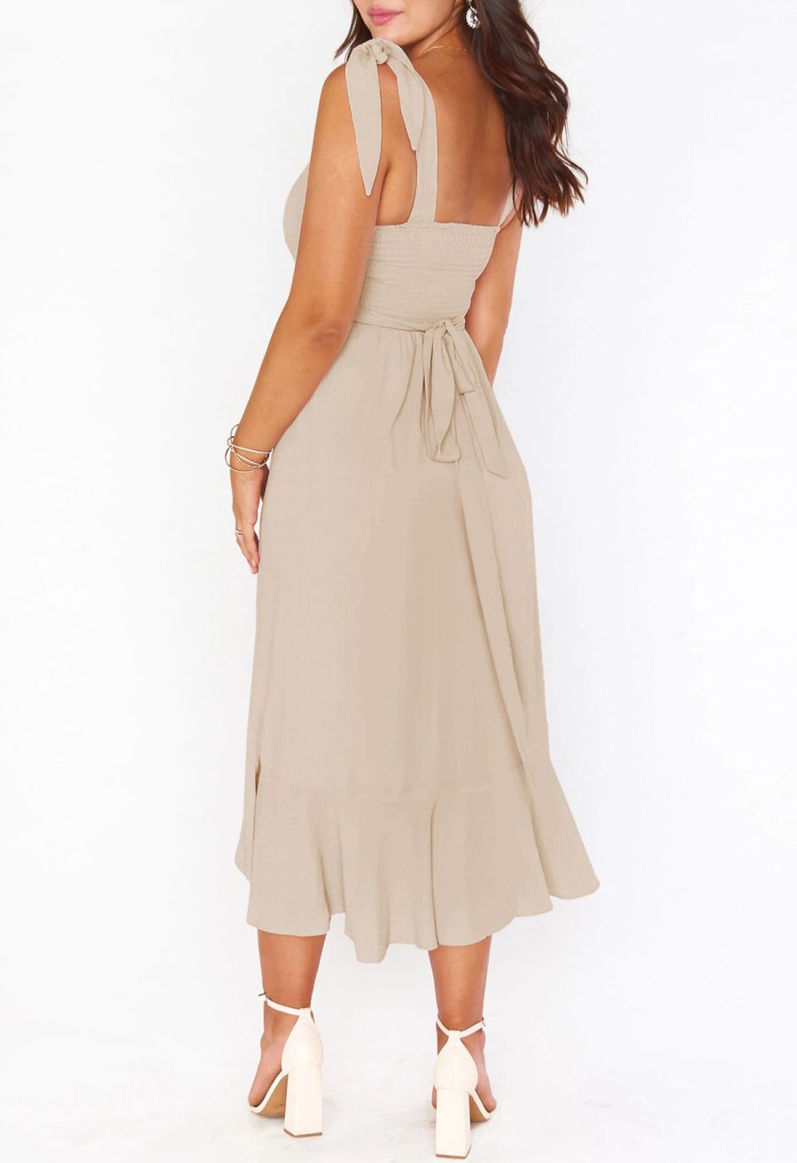 Ruffle Hem Tie-Shoulder Cami Dress in Light Tan