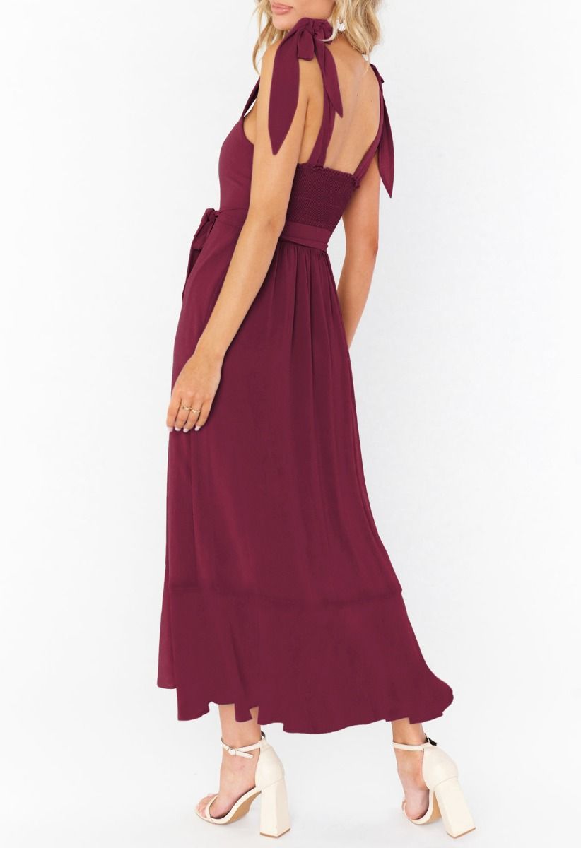 Ruffle Hem Tie-Shoulder Cami Dress in Burgundy