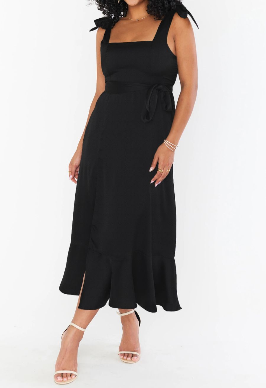 Ruffle Hem Tie-Shoulder Cami Dress in Black
