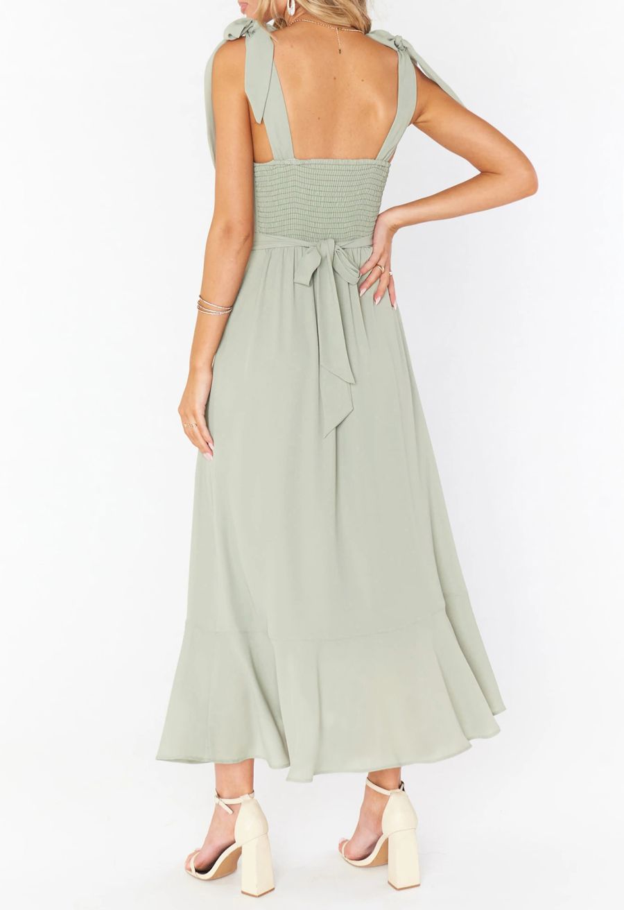 Ruffle Hem Tie-Shoulder Cami Dress in Pea Green