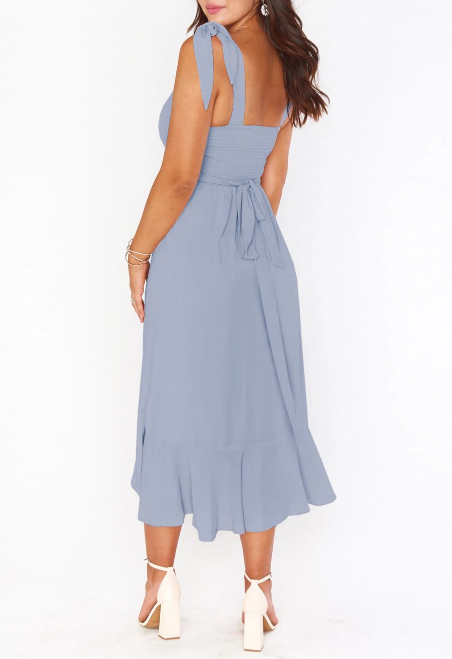 Ruffle Hem Tie-Shoulder Cami Dress in Dusty Blue