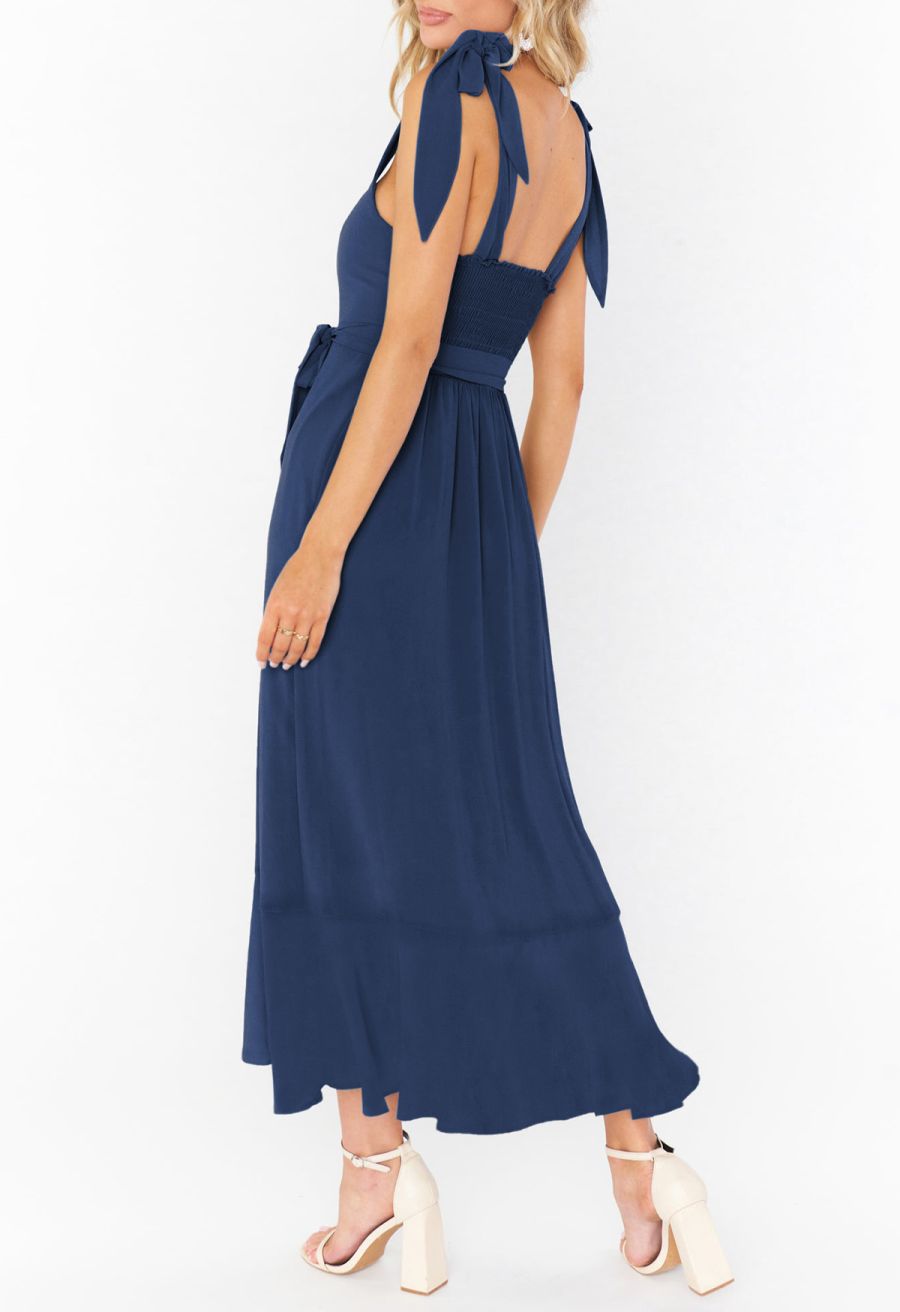 Ruffle Hem Tie-Shoulder Cami Dress in Navy