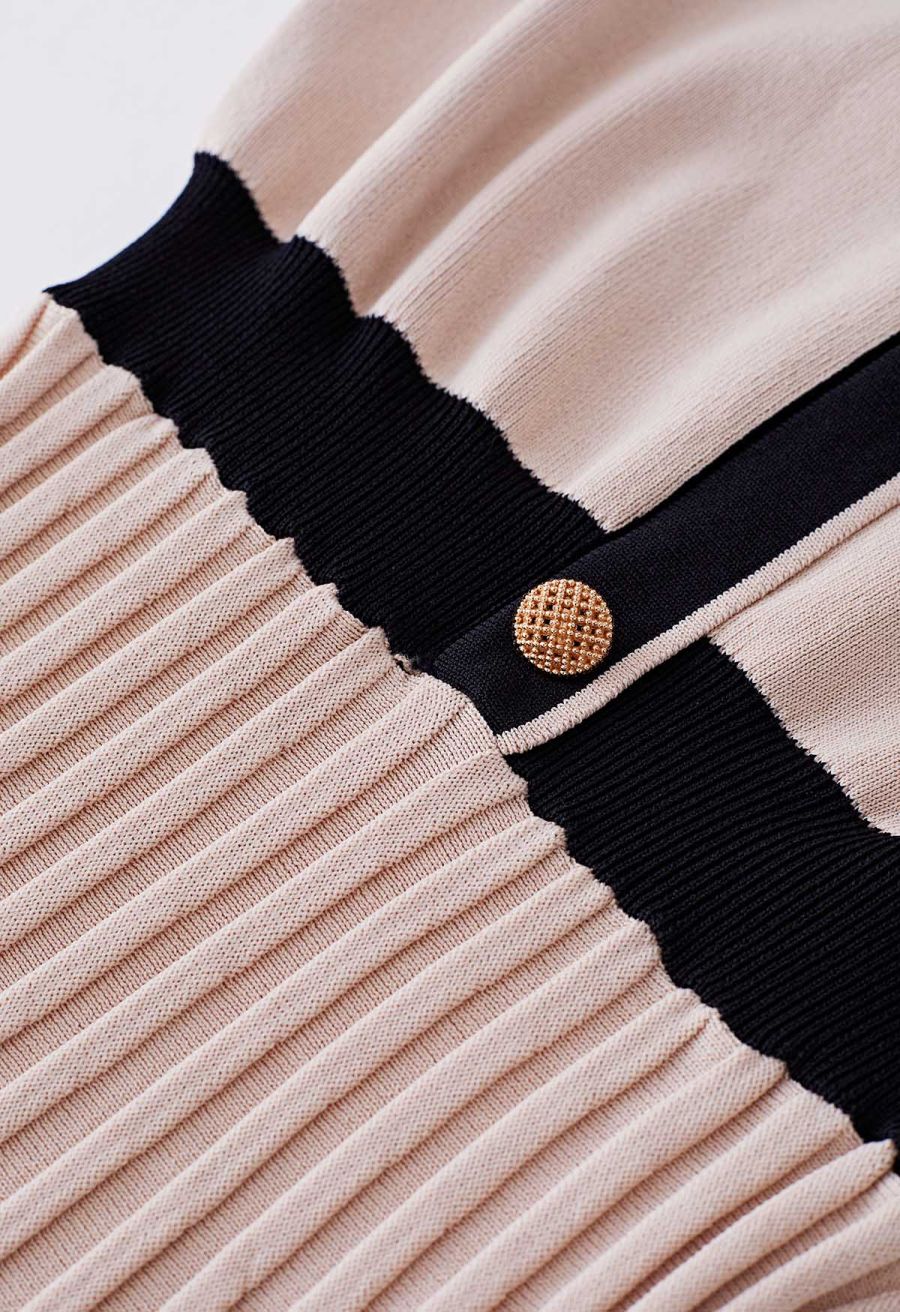Belted Contrast Color Pleated Knit Dress
