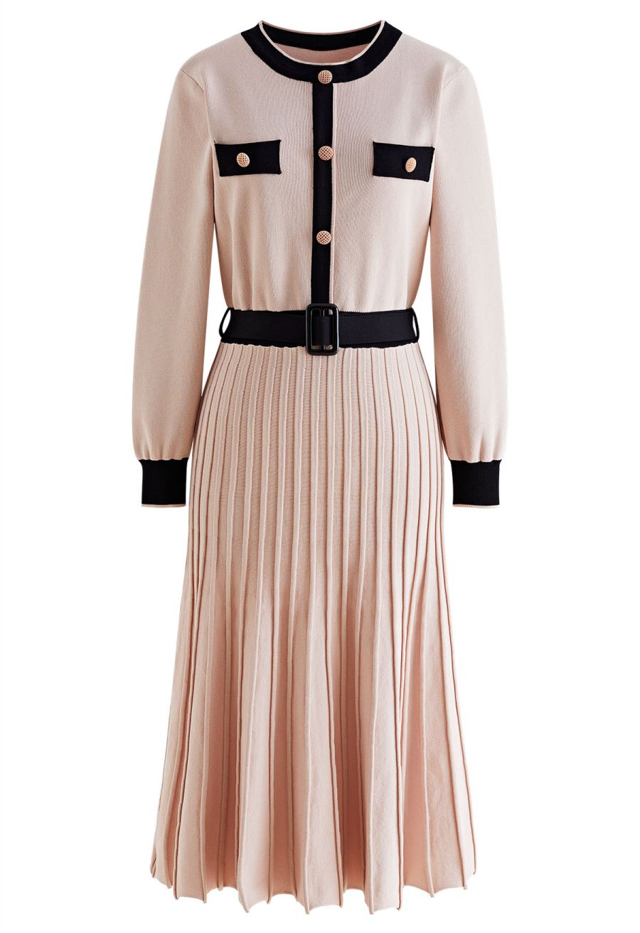 Belted Contrast Color Pleated Knit Dress