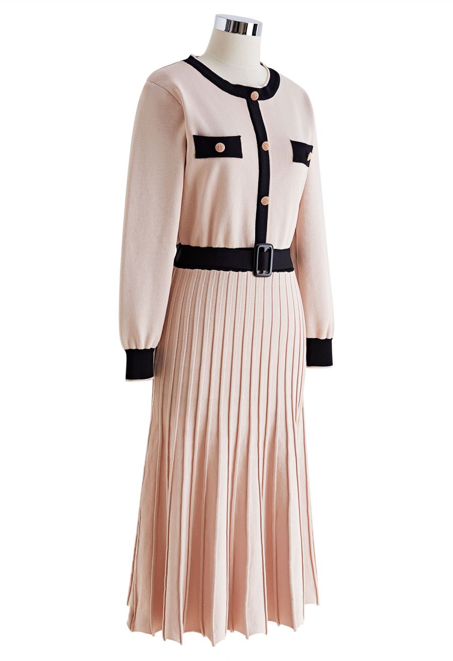 Belted Contrast Color Pleated Knit Dress