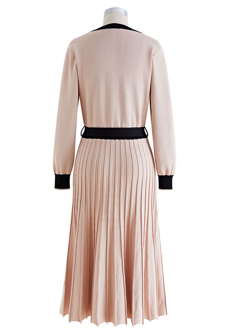 Belted Contrast Color Pleated Knit Dress