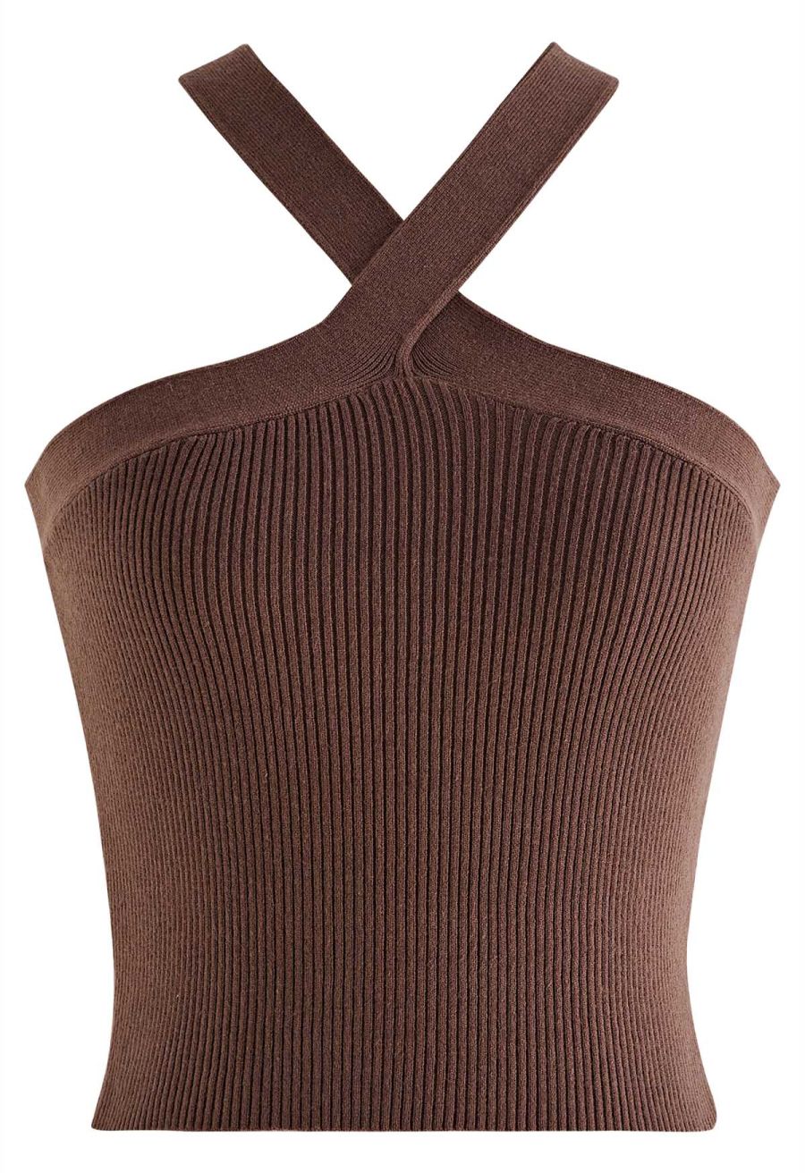 Criss Cross Straps Halter Knit Top in Brown