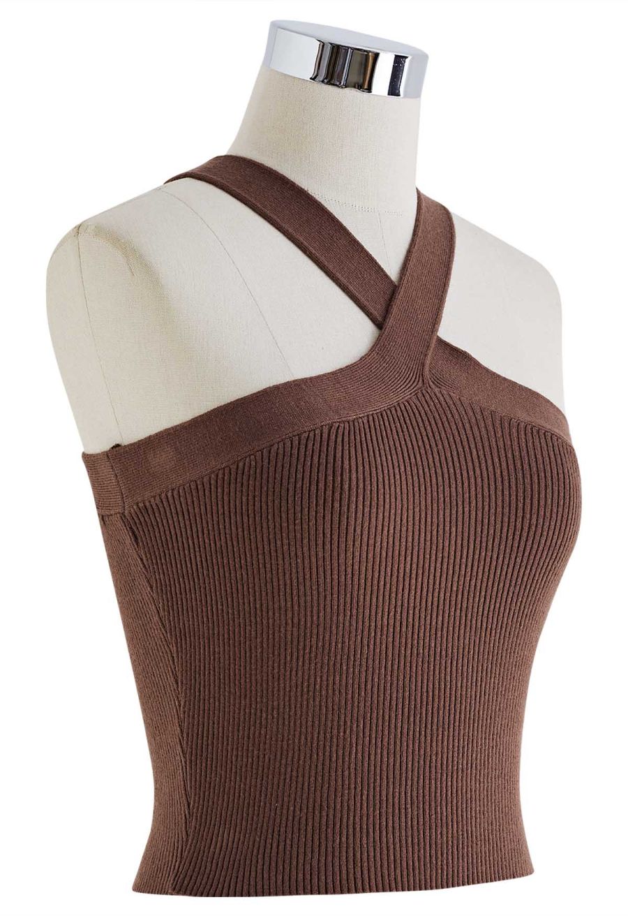 Criss Cross Straps Halter Knit Top in Brown