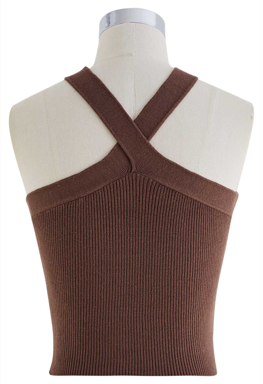 Criss Cross Straps Halter Knit Top in Brown