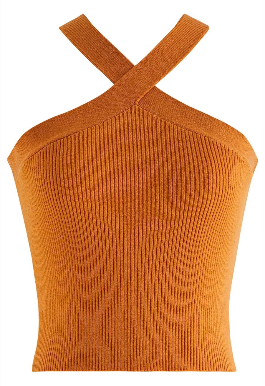 Criss Cross Straps Halter Knit Top in Orange