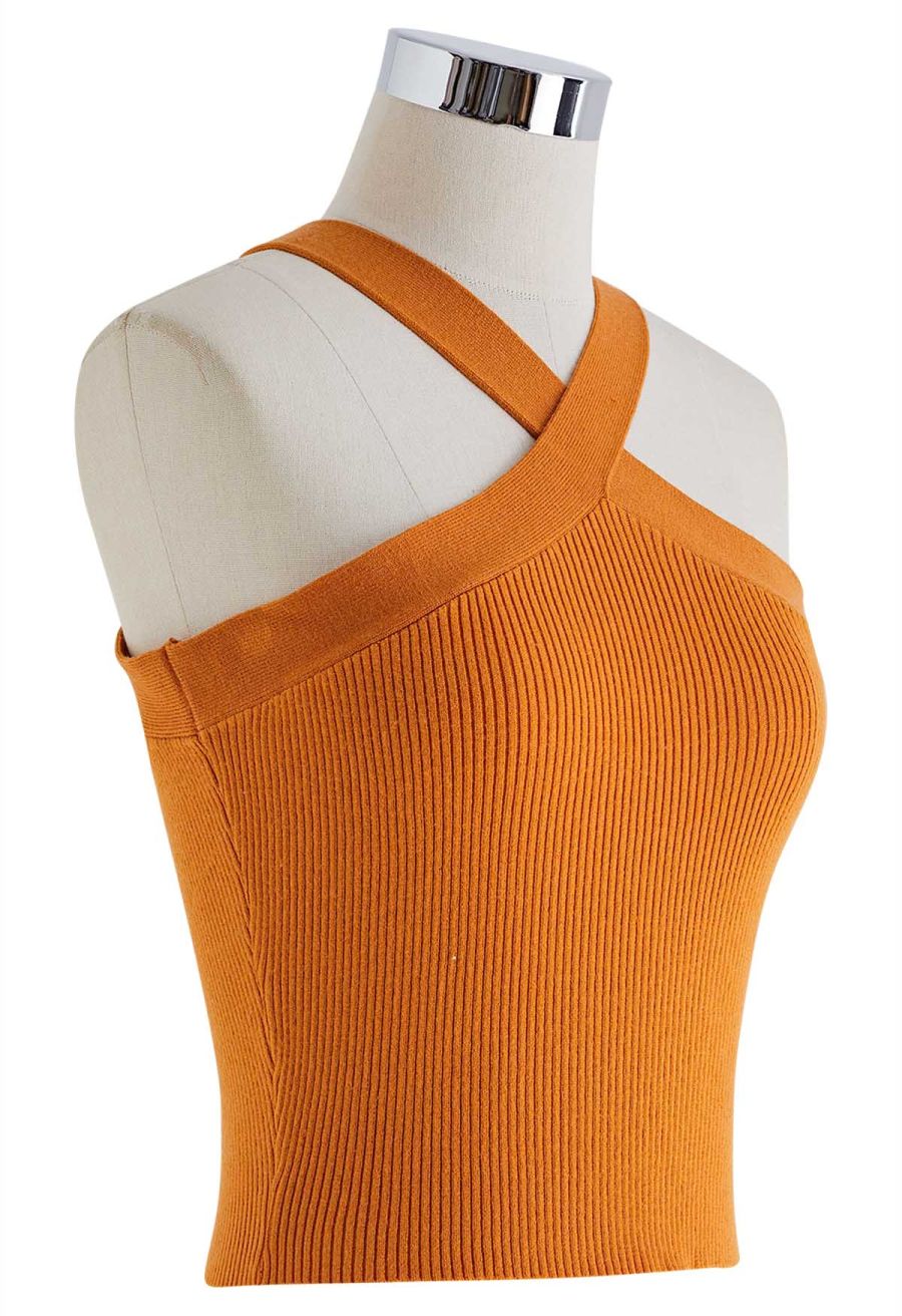 Criss Cross Straps Halter Knit Top in Orange