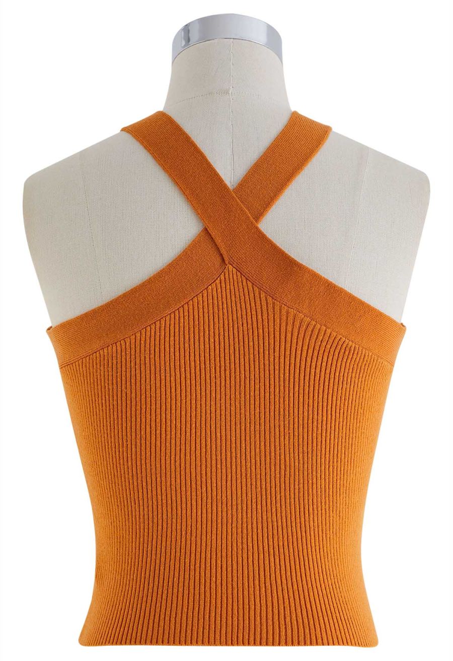 Criss Cross Straps Halter Knit Top in Orange