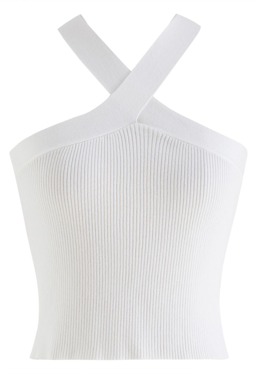 Criss Cross Straps Halter Knit Top in White