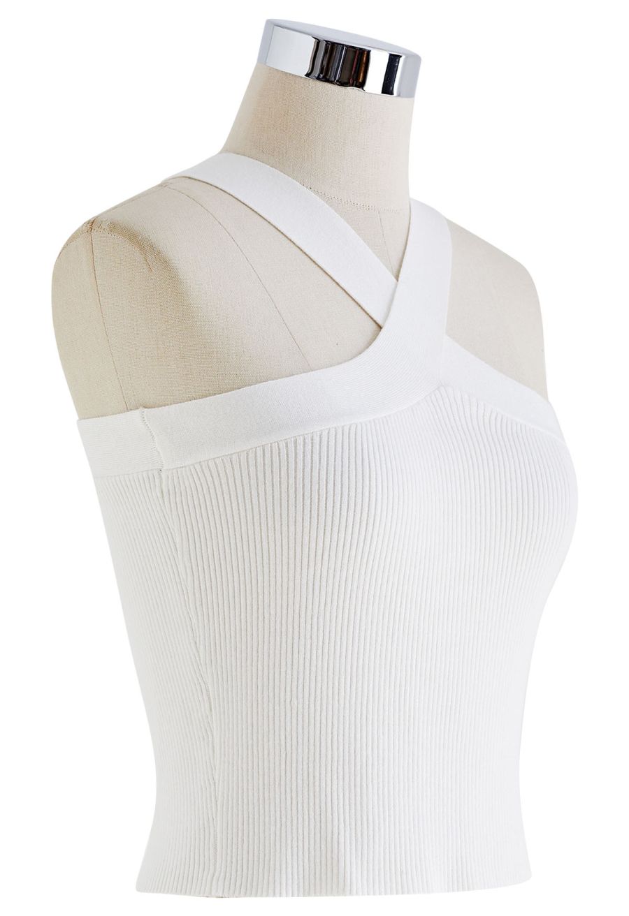 Criss Cross Straps Halter Knit Top in White