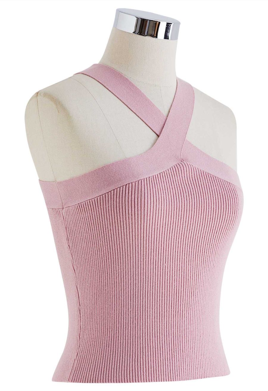 Criss Cross Straps Halter Knit Top in Pink