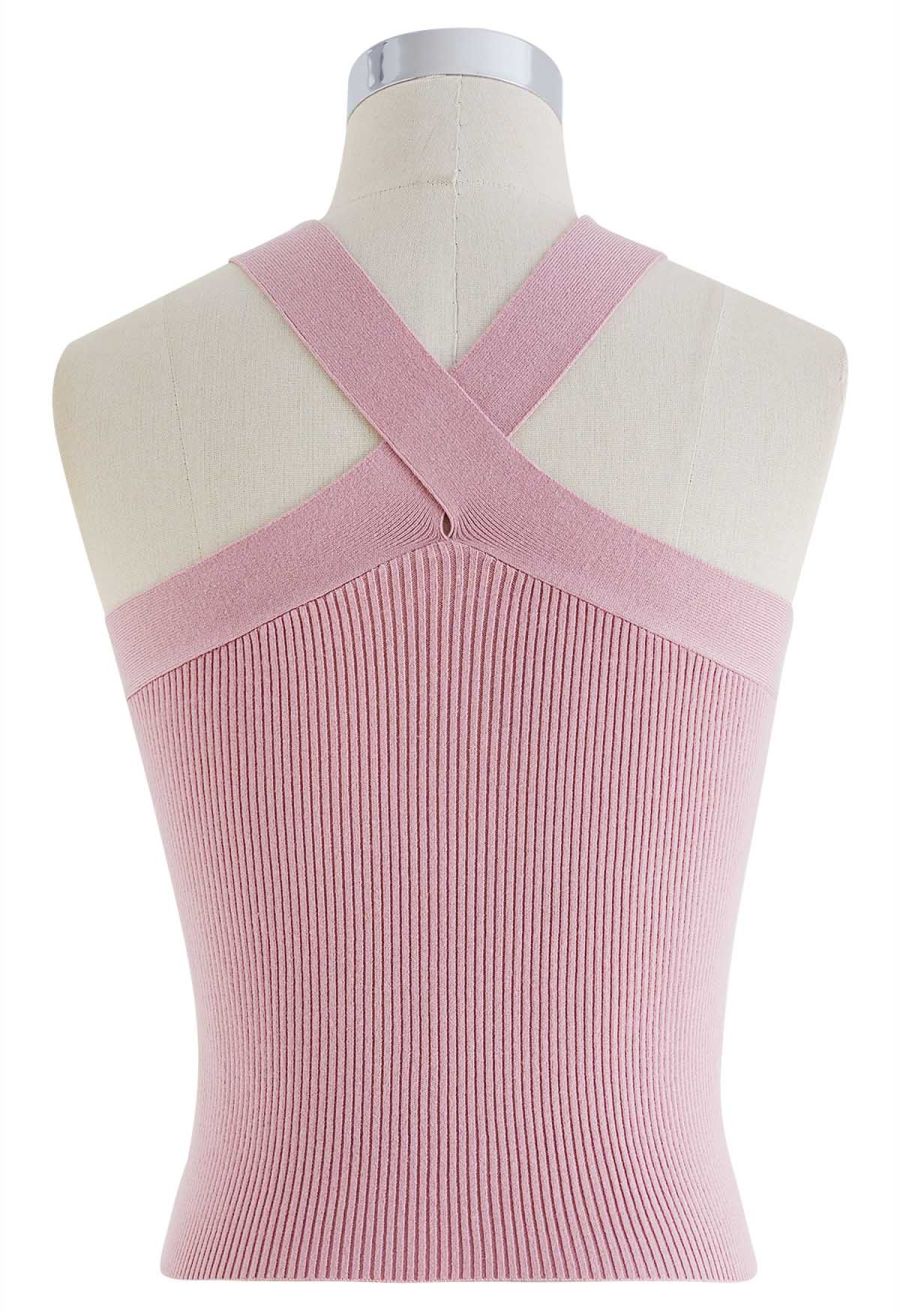 Criss Cross Straps Halter Knit Top in Pink