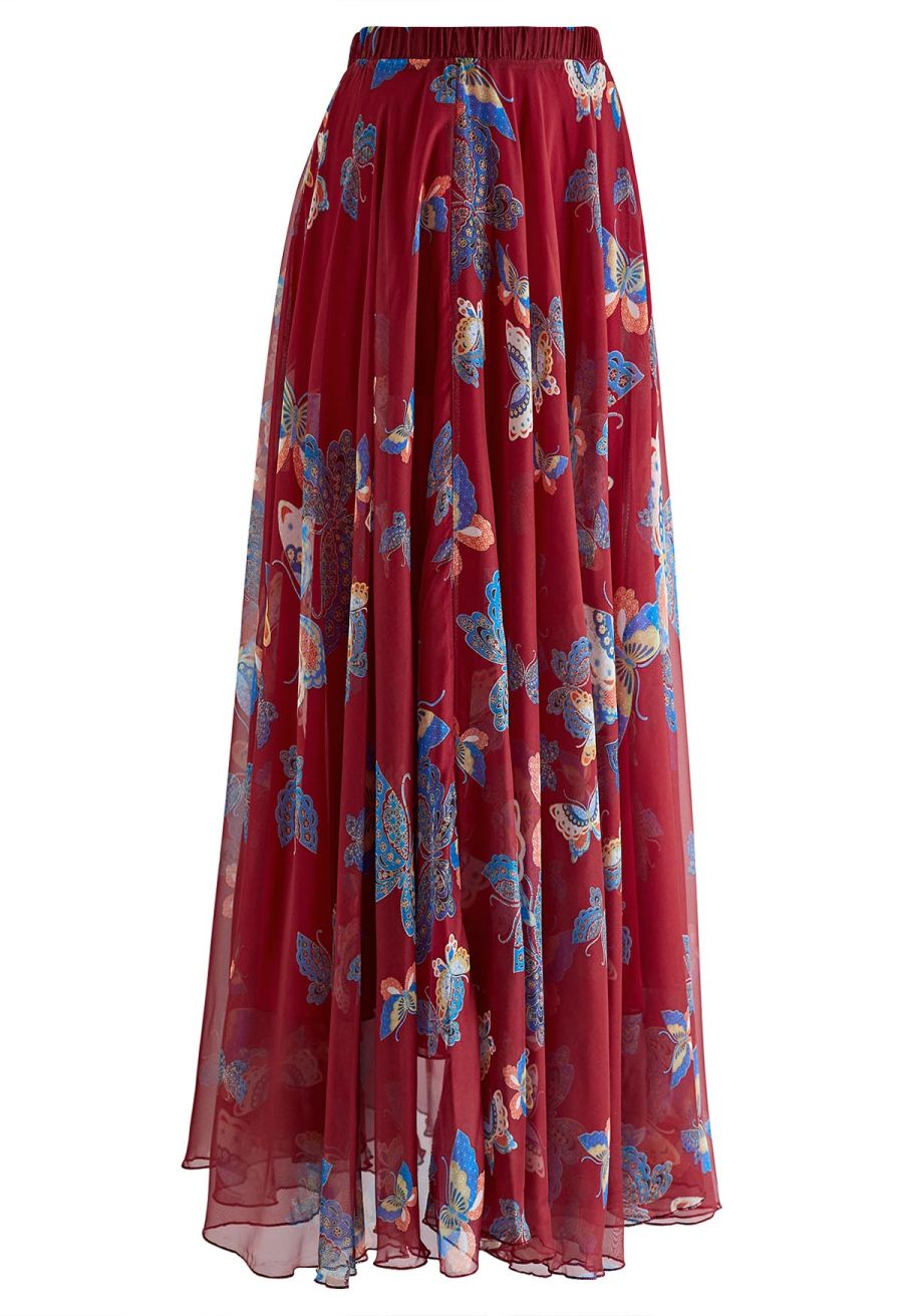 Vibrant Butterflies Print Chiffon Maxi Skirt