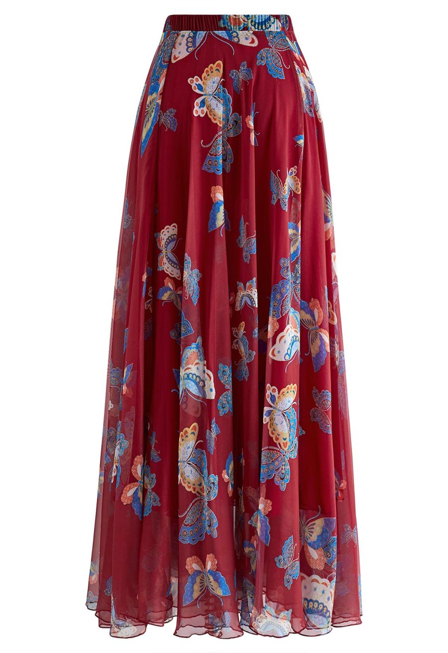 Vibrant Butterflies Print Chiffon Maxi Skirt