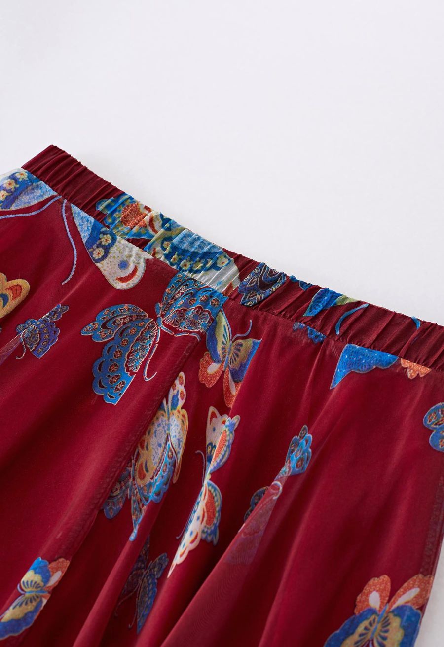 Vibrant Butterflies Print Chiffon Maxi Skirt