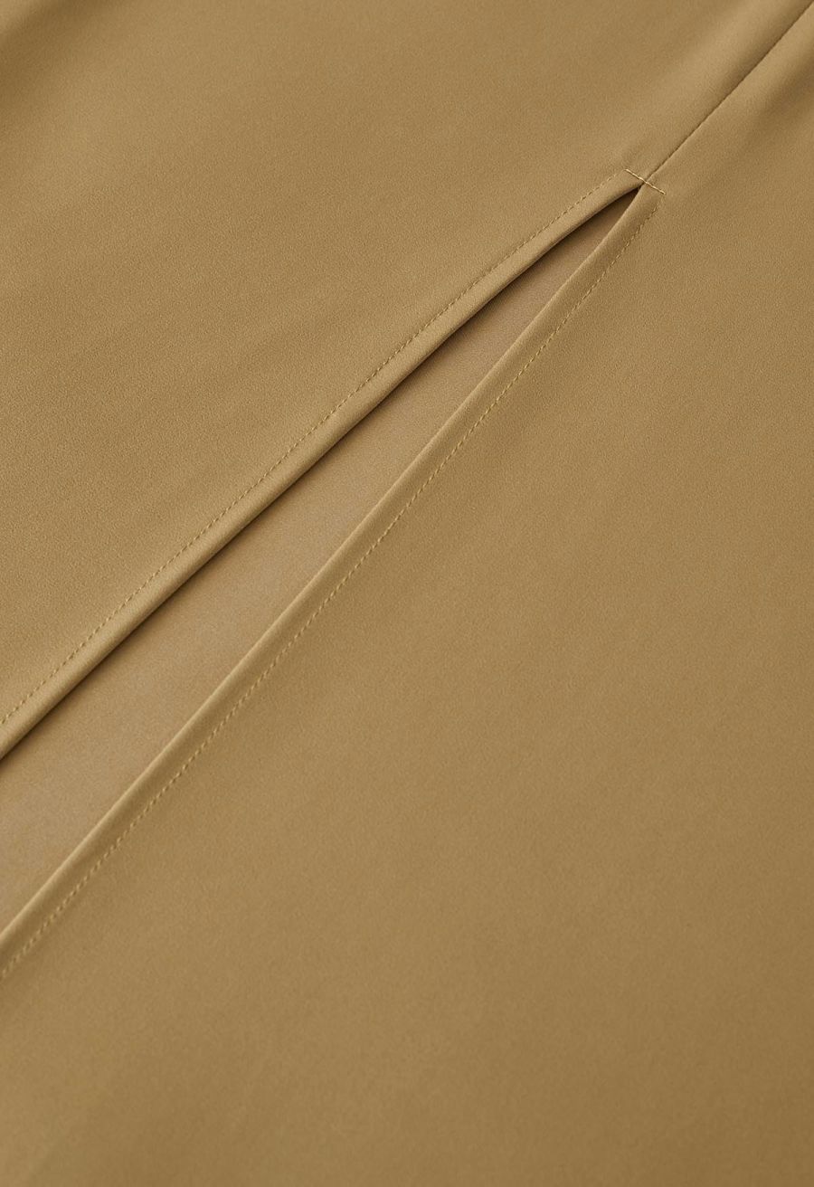 Tie Waist Asymmetric Flap Satin Midi Skirt in Camel