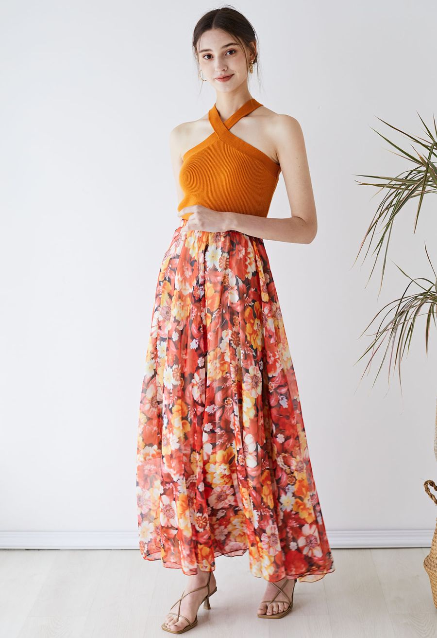 Reddish Flower Printed Chiffon Maxi Skirt