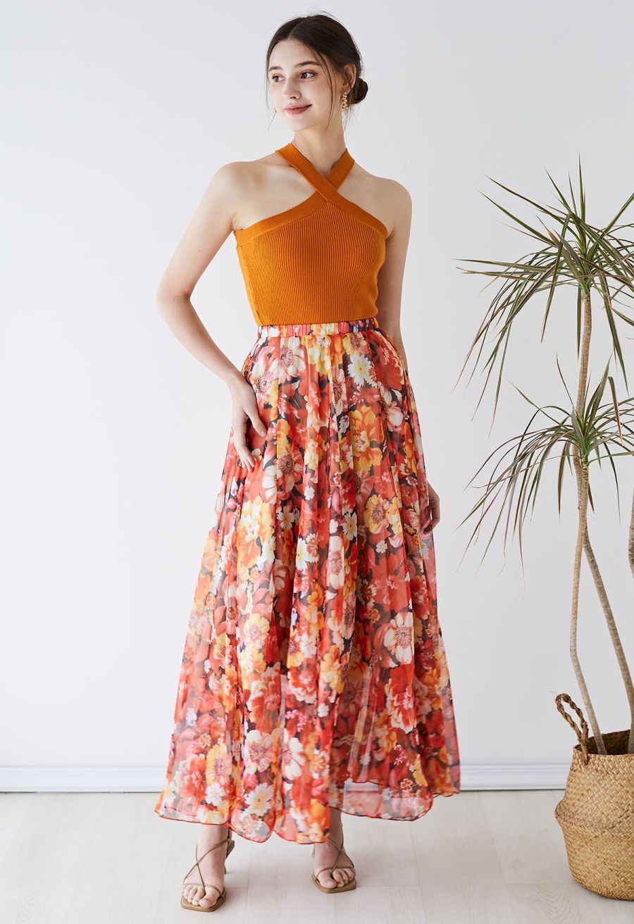 Reddish Flower Printed Chiffon Maxi Skirt