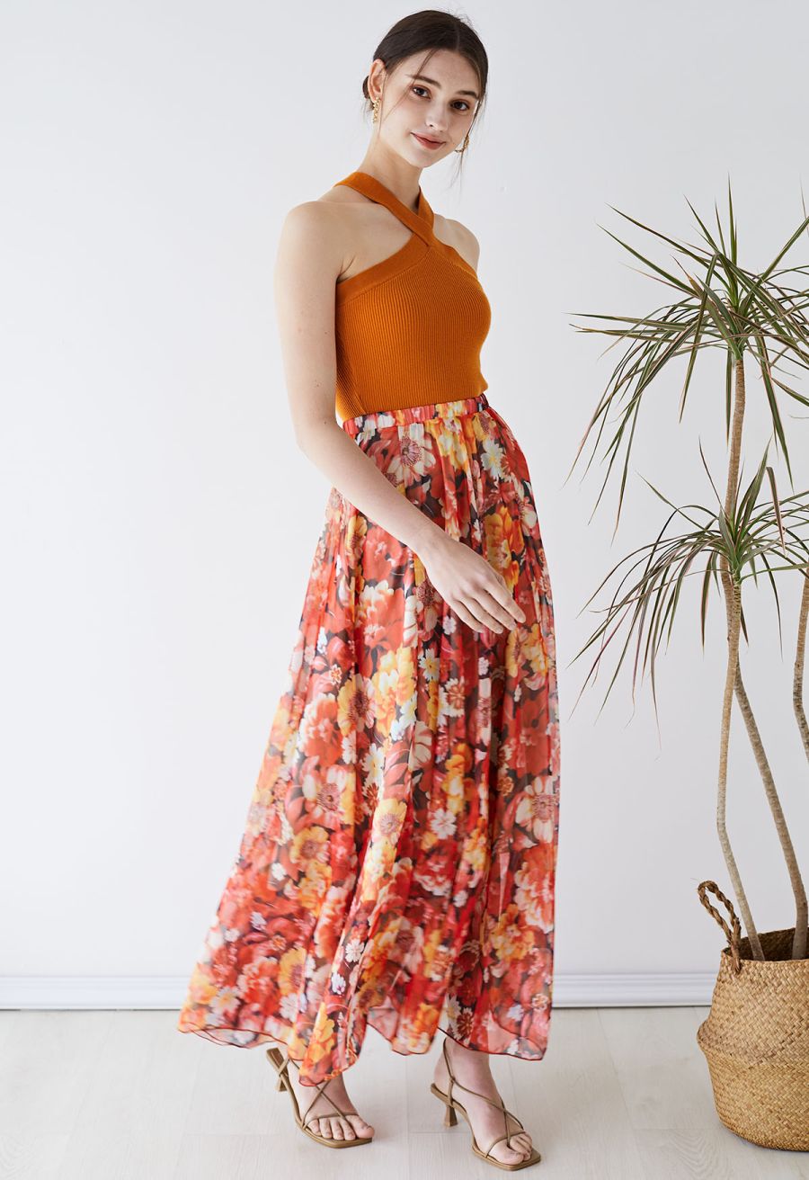 Criss Cross Straps Halter Knit Top in Orange