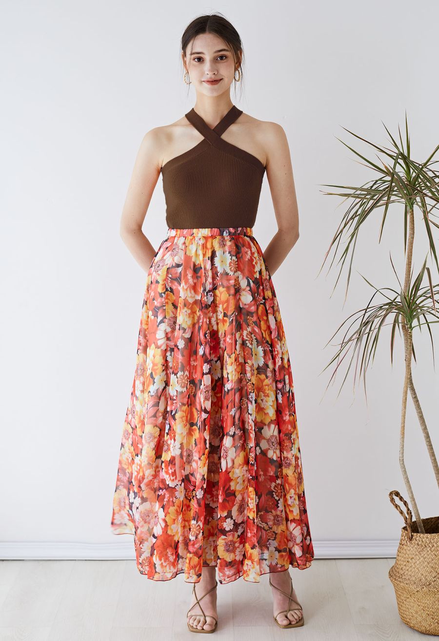 Criss Cross Straps Halter Knit Top in Brown