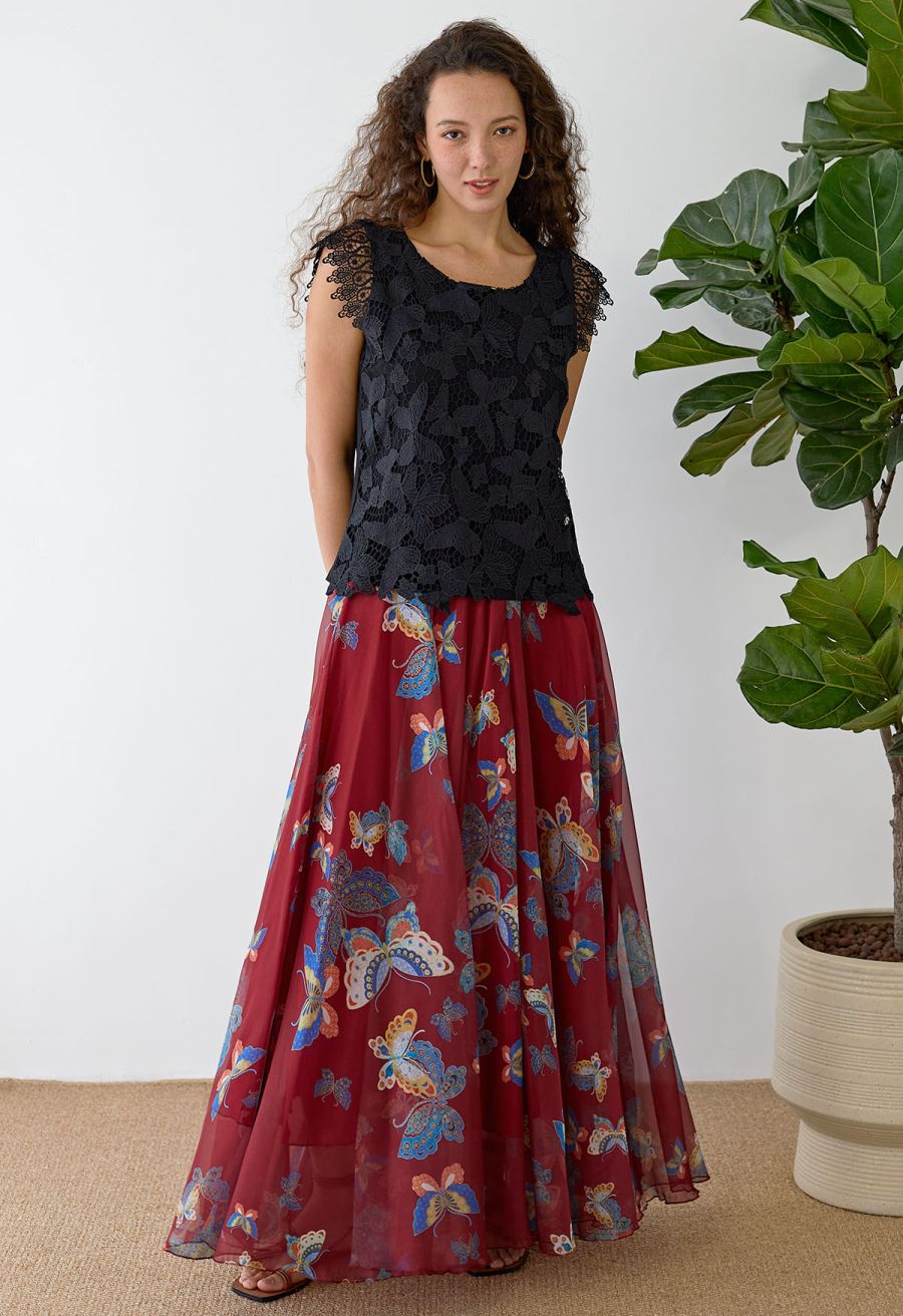 Vibrant Butterflies Print Chiffon Maxi Skirt