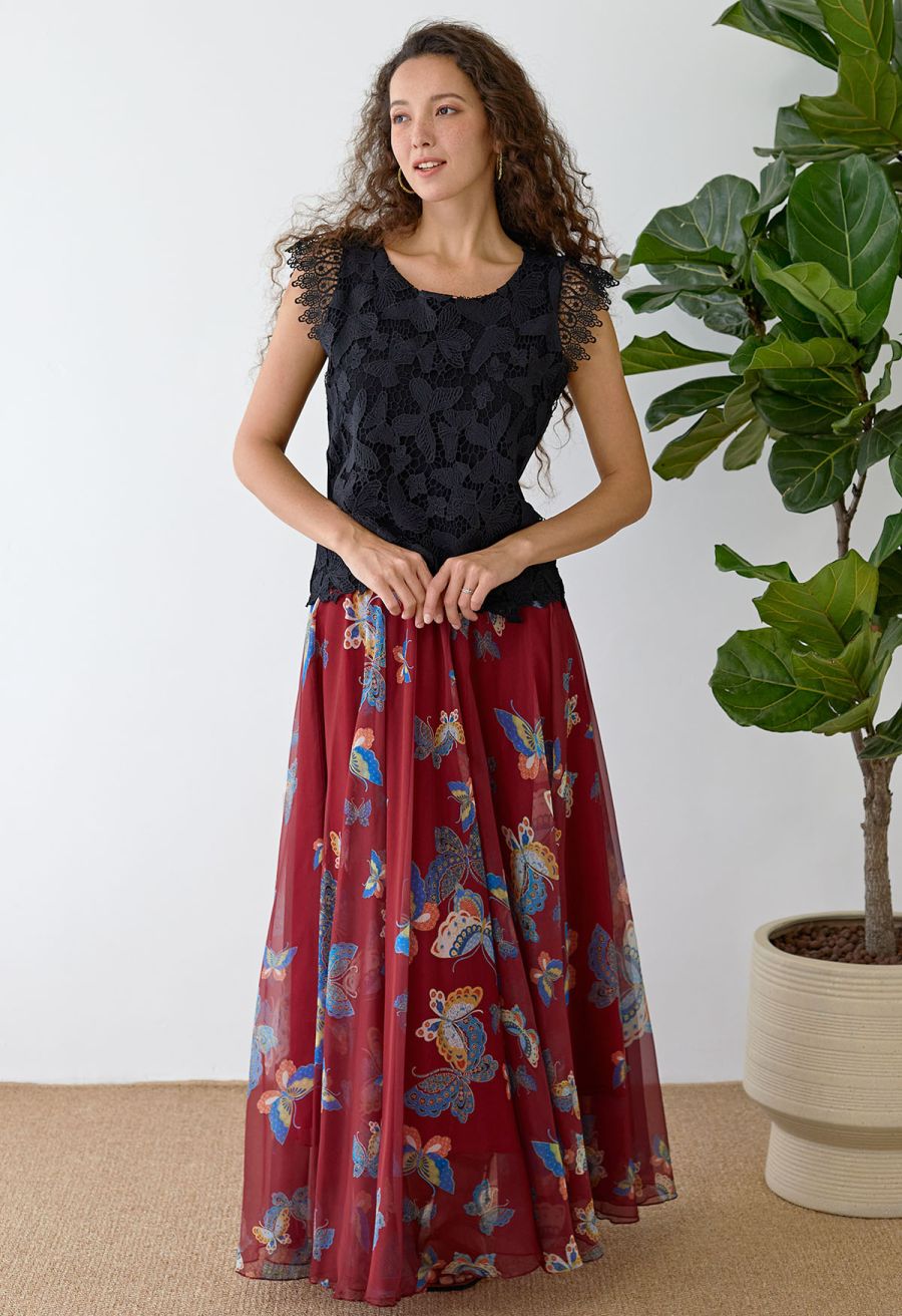 Vibrant Butterflies Print Chiffon Maxi Skirt