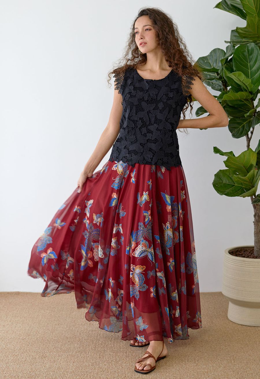 Vibrant Butterflies Print Chiffon Maxi Skirt